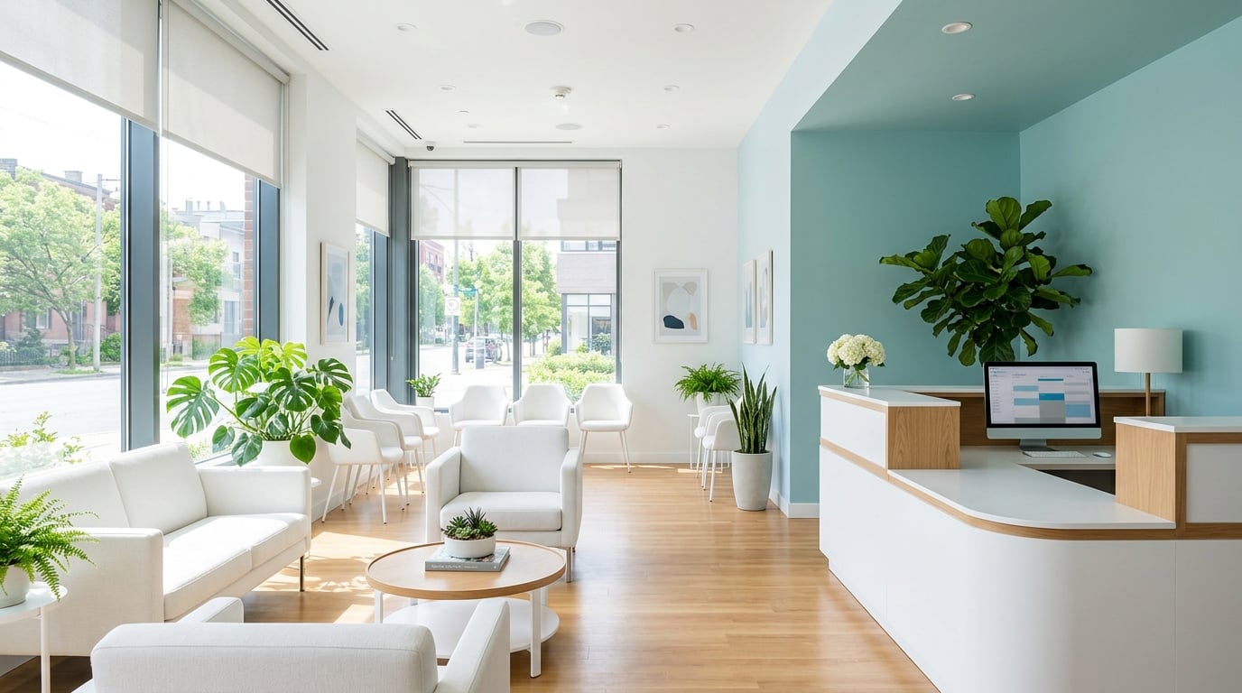 Bright, modern dental clinic reception with calming teal accents
